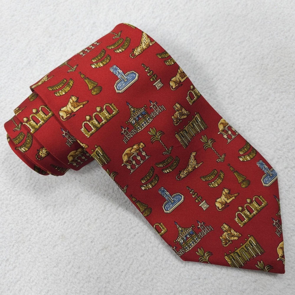 Salvatore Ferragamo Tie Mens Red Ancient Egypt Novelty Print Silk Made Italy